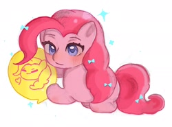 Size: 2048x1518 | Tagged: safe, artist:harucaykk, imported from derpibooru, pinkie pie, earth pony, pony, balloon, blushing, bow, female, hair bow, mare, simple background, solo, white background