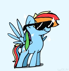 Size: 1067x1093 | Tagged: safe, artist:funnyk16, imported from derpibooru, rainbow dash, pegasus, pony, blue background, female, simple background, solo, sunglasses