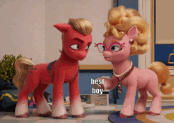 Size: 350x248 | Tagged: safe, edit, edited screencap, imported from derpibooru, screencap, sprout cloverleaf, earth pony, pony, spoiler:my little pony: a new generation, animated, best pony, caption, cute, duo, female, g5, i watch it for the ears, image macro, male, mare, meme, my little pony: a new generation, phyllis cloverleaf, solo, sproutbetes, stallion, text