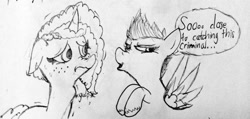 Size: 1024x486 | Tagged: safe, artist:funnyk16, imported from derpibooru, zipp storm, pegasus, pony, unicorn, cornrows, dialogue, duo, ears back, female, freckles, g5, gulp, mare, misty brightdawn, nervous, reference, shaking, sketch, spongebob reference, spongebob squarepants, spread wings, sweat, sweatdrops, the smoking peanut, traditional art, unshorn fetlocks, wings