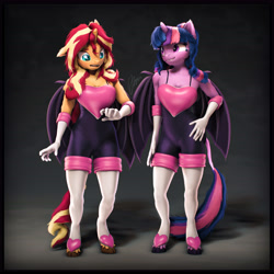 Size: 6400x6400 | Tagged: safe, artist:imafutureguitarhero, imported from derpibooru, sci-twi, sunset shimmer, twilight sparkle, alicorn, anthro, bat pony, bat pony alicorn, classical unicorn, unguligrade anthro, unicorn, 3d, alicornified, arm fluff, arm freckles, bat wings, boob freckles, boots, border, bra, bra strap, breasts, cheek fluff, chest fluff, chest freckles, chromatic aberration, cleavage fluff, clothes, cloven hooves, colored eyebrows, colored eyelashes, cosplay, costume, crossover, cute, dialogue in the description, duo, ear fluff, ear freckles, fangs, female, film grain, floppy ears, fluffy, fluffy hair, fluffy mane, fluffy tail, freckles, fur, gloves, grin, hand on hip, horn, leonine tail, lesbian, looking at someone, mare, matching outfits, multicolored hair, multicolored mane, multicolored tail, neck fluff, nose wrinkle, one ear down, open mouth, outfit, paintover, peppered bacon, race swap, revamped anthros, revamped ponies, rouge the bat, scitwilicorn, scitwishimmer, shadow, shimmerbetes, shipping, shoes, shoulder fluff, shoulder freckles, signature, smiling, sonic the hedgehog (series), source filmmaker, square, stockings, sunsetsparkle, tail, tail fluff, thigh highs, twiabetes, twilight sparkle (alicorn), underwear, unshorn fetlocks, varying degrees of amusement, wall of tags, wings