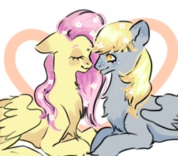 Size: 2048x1795 | Tagged: safe, artist:sleepybooo, imported from derpibooru, derpy hooves, fluttershy, pegasus, pony, chest fluff, derpyshy, duo, female, flower, flower in hair, lesbian, shipping