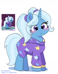 Size: 1673x2143 | Tagged: safe, artist:leo19969525, imported from derpibooru, trixie, pony, unicorn, alternate hairstyle, babysitter trixie, blushing, clothes, cute, diatrixes, ears, eye clipping through hair, eyebrows, eyebrows visible through hair, female, frown, hair, hoodie, horn, mane, mare, pigtails, purple eyes, shadow, signature, simple background, solo, stars, tail, twintails, white background