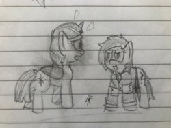 Size: 4032x3024 | Tagged: safe, artist:wowisthatleo, imported from derpibooru, twilight sparkle, oc, oc:anon, oc:filly anon, alicorn, pony, clothes, female, filly, lined paper, traditional art, twilight sparkle (alicorn), uniform