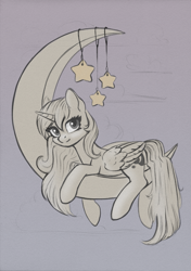 Size: 843x1200 | Tagged: safe, artist:maytee, imported from derpibooru, princess luna, alicorn, pony, cloud, commission, crescent moon, female, gray background, limited palette, looking at you, lying down, mare, moon, prone, simple background, solo, stars, tangible heavenly object, ych sketch, your character here
