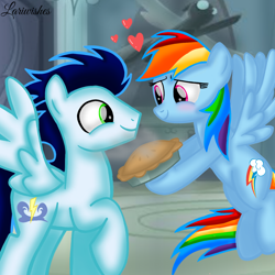 Size: 1400x1400 | Tagged: safe, artist:mlplary6, imported from derpibooru, rainbow dash, soarin', pegasus, pony, blushing, female, floating heart, flying, food, heart, looking at each other, looking at someone, love, male, mare, pie, shipping, smiling, smiling at each other, soarindash, stallion, straight