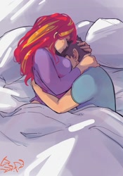 Size: 1400x2000 | Tagged: safe, artist:sozglitch, imported from derpibooru, sunset shimmer, oc, oc:generic messy hair anime anon, human, bed, big breasts, breasts, busty sunset shimmer, canon x oc, clothes, cuddling, face in breasts, female, huge breasts, humanized, in bed, male, overhead view, pajamas, pillow, sheet, shipping, signature, sleeping, straight