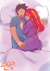 Size: 1400x2000 | Tagged: safe, artist:sozglitch, imported from derpibooru, sunset shimmer, oc, oc:generic messy hair anime anon, human, ass, bed, big breasts, breasts, bunset shimmer, busty sunset shimmer, butt, canon x oc, clothes, cuddling, female, huge breasts, humanized, in bed, lying down, male, overhead view, pajamas, pillow, sheet, shipping, signature, sleeping, straight