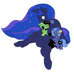 Size: 3508x3508 | Tagged: safe, artist:ponny, imported from derpibooru, princess luna, oc, oc:filly anon, alicorn, earth pony, pony, blushing, brush, brushie, brushing, chest fluff, female, filly, foal, hoof heart, leg fluff, looking at each other, looking at someone, magic, mare, mouth hold, nose wrinkle, raised hoof, scrunchy face, simple background, telekinesis, trio, trio female, underhoof, white background, woona, younger