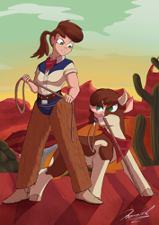Size: 2480x3508 | Tagged: safe, artist:reminic, imported from derpibooru, cow, human, them's fightin' herds, arizona (tfh), bandana, belt, belt buckle, boots, clothes, community related, cowboy boots, cowgirl, cowprint, denim, duality, female, grin, horns, humanized, jeans, looking at each other, looking at someone, mouth hold, pants, ponytail, rope, scarf, self paradox, shoes, smiling, smirk