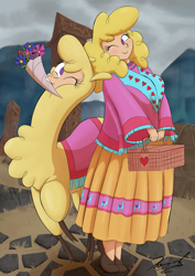 Size: 2480x3508 | Tagged: safe, artist:reminic, imported from derpibooru, alpaca, human, them's fightin' herds, blonde hair, blushing, clothes, cloven hooves, community related, duality, flower, humanized, looking at each other, looking at someone, one eye closed, paprika (tfh), self paradox, smiling, smiling at each other, wink