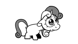 Size: 1276x718 | Tagged: safe, artist:kylesmeallie, imported from derpibooru, sweetie belle, pony, unicorn, black and white, blank flank, female, filly, floppy ears, foal, frown, grayscale, monochrome, sad, simple background, solo, white background