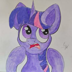 Size: 1542x1527 | Tagged: safe, artist:engi, imported from derpibooru, twilight sparkle, pony, unicorn, female, open mouth, simple background, solo, traditional art, watercolor painting