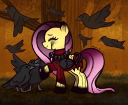 Size: 2048x1687 | Tagged: safe, artist:minadoodles, imported from derpibooru, fluttershy, bird, crow, pegasus, pony, crossover, dead by daylight, solo, the artist