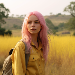 Size: 1024x1024 | Tagged: safe, imported from derpibooru, fluttershy, human, ai content, ai generated, backpack, blurry background, field, gazing, generator:midjourney, high res, humanized, lonely, looking away, photo, prompter:roseabrams, solo, woman