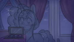 Size: 1230x706 | Tagged: safe, anonymous artist, imported from derpibooru, pony, unicorn, series:misty pov, bruised, cornrows, curtains, doors, female, g5, injured, jewelry, looking at something, makeup, mane melody (location), mare, misty brightdawn, necklace, sweat, sweatdrops, window