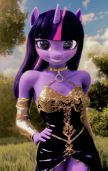 Size: 1344x2128 | Tagged: safe, imported from derpibooru, twilight sparkle, anthro, plantigrade anthro, 3d, ai assisted, ai content, clothes, collar, detailed background, dress, female, gilded, gloves, gold, hand on hip, horn, long gloves, prompter:saphkey, smiling, solo, standing, sunlight