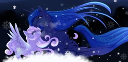 Size: 1280x627 | Tagged: safe, artist:kidaoriginal, imported from derpibooru, princess luna, oc, oc:snowdrop, alicorn, pegasus, pony, crying, duo, duo female, ethereal mane, eyes closed, eyeshadow, female, lidded eyes, looking at each other, looking at someone, makeup, mare, simple background, smiling, snow, snowflake, spread wings, starry mane, wings