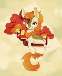 Size: 1046x1280 | Tagged: safe, artist:anotherdeadrat, imported from derpibooru, autumn blaze, kirin, abstract background, bust, portrait, smiling, solo, tree