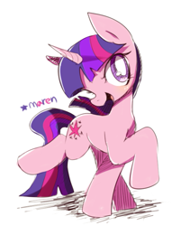 Size: 541x642 | Tagged: safe, artist:maren, imported from derpibooru, twilight sparkle, pony, unicorn, 2015, dancing, female, mare, old art, open mouth, open smile, profile, simple background, smiling, solo, unicorn twilight, white background