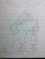 Size: 1080x1440 | Tagged: safe, artist:maren, imported from derpibooru, twilight sparkle, alicorn, pony, 2015, coffee cup, cup, doodle, female, glowing, glowing horn, hooves to the chest, horn, levitation, lined paper, magic, mare, no eyes, old art, pencil drawing, sitting, smiling, solo, telekinesis, traditional art, twilight sparkle (alicorn)