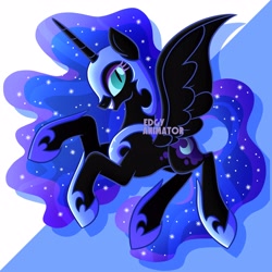 Size: 3000x3000 | Tagged: safe, artist:edgyanimator, derpibooru exclusive, imported from derpibooru, part of a set, nightmare moon, alicorn, pony, armor, beautiful, big horn, black coat, black fur, black wings, blue background, blue eyes, blue hair, blue mane, blue tail, cel shading, clothes, colored, colored eyelashes, colored lineart, concave belly, cyan eyes, digital art, drop shadow, ethereal hair, ethereal mane, ethereal tail, evil, eyelashes, eyeshadow, female, firealpaca, full body, galaxy hair, galaxy mane, galaxy tail, grin, hair, helmet, high res, highlights, hoof shoes, horn, jewelry, large wings, long horn, long legs, long mane, long tail, looking sideways, looking to the right, makeup, mare, necklace, nightmare moon armor, peytral, princess, princess shoes, profile, quadrupedal, raised hoof, raised hooves, regalia, royalty, shading, shadow, shiny, shoes, signature, simple background, simple shading, slit pupils, smiling, smirk, solo, sparkles, spread wings, starry hair, starry mane, starry tail, stars, tail, teeth, wall of tags, wings