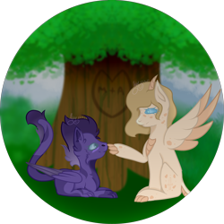 Size: 3000x3000 | Tagged: safe, artist:thecommandermiky, imported from derpibooru, oc, oc only, oc:artura, oc:miky command, dragon, hybrid, pegasus, blushing, boop, claws, duo, duo female, female, happy, hybrid oc, long tail, looking at each other, looking at someone, paws, pegasus oc, scales, simple background, spots, tail, transparent background, tree, wings