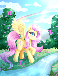 Size: 2975x3850 | Tagged: safe, artist:aquamarine-arts, artist:mylittleyuri, imported from derpibooru, fluttershy, butterfly, pegasus, pony, cloud, cute, female, flower, grass, mare, rainbow, shyabetes, solo, tree, water