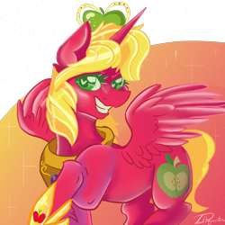 Size: 2000x2000 | Tagged: safe, artist:dankpegasista, derpibooru exclusive, imported from derpibooru, big macintosh, alicorn, pony, do princesses dream of magic sheep, alicornified, apple, bangs, big eyes, clothes, collar, colored eyelashes, crown, digital art, ear fluff, eyelashes, eyes closed, female, flowy mane, food, gem, gradient background, green eyes, grin, half body, happy, heart, heart eyes, highlights, jewelry, krita, large wings, looking at you, macareina, mare, messy mane, orange background, png, princess, princess big mac, race swap, raised hoof, red coat, regalia, rule 63, shading, shiny mane, shoes, short hair, short tail, signature, simple background, smiling, solo, sparkles, spread wings, standing on two hooves, tail, three quarter view, transparent background, unshorn fetlocks, wingding eyes, wings
