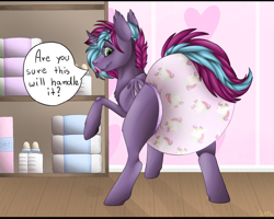 Size: 2500x2000 | Tagged: safe, artist:galaxylatte, imported from derpibooru, oc, alicorn, bat pony, bat pony alicorn, pony, adult, bat wings, blushing, clothes, dialogue, dialogue box, diaper, diaper fetish, diapered, embarrassed, embarrassed underwear exposure, fetish, folded wings, hooves, horn, looking back, non-baby in diaper, pattern, pink, pink diaper, poofy diaper, raised hoof, shading, solo, spread legs, spreading, surprised, tail, underwear, wings