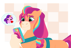 Size: 1280x854 | Tagged: safe, artist:itstechtock, imported from derpibooru, pipp petals, sunny starscout, earth pony, pegasus, pony, bag, blushing, cellphone, female, g5, hoof hold, lesbian, mane stripe sunny, mare, phone, saddle bag, shipping, smartphone, sunnypipp