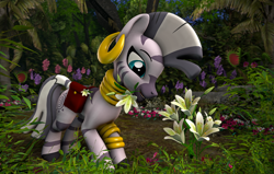 Size: 1920x1219 | Tagged: safe, artist:montaraz13, imported from derpibooru, zecora, pony, zebra, 3d, ear piercing, earring, female, flower, jewelry, jungle, lily (flower), plants, solo, source filmmaker