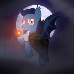 Size: 1440x1440 | Tagged: safe, artist:angryprogrockbrony, derpibooru exclusive, imported from derpibooru, oc, oc:starless, bat pony, bat ponified, bat wings, cloak, clothes, fangs, flying, male, moon, race swap, slit pupils, solo, stallion, wings