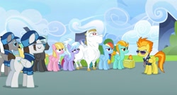 Size: 2160x1154 | Tagged: safe, imported from derpibooru, screencap, bulk biceps, cloudchaser, fast clip, lightning dust, manerick, meadow flower, mercury, rainbow dash, spitfire, starry eyes (character), sunshower raindrops, thunderlane, whiplash, pegasus, pony, season 3, wonderbolts academy, background pony, bush, clothes, cloud, drill sergeant, female, folded wings, hat, male, mare, necktie, stallion, suit, sunglasses, uniform, whistle, whistle necklace, wings, wonderbolts, wonderbolts dress uniform, wonderbolts headquarters