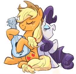 Size: 3893x3780 | Tagged: safe, artist:aiden_is_tired, artist:virtualkidavenue, imported from derpibooru, applejack, rarity, earth pony, pony, unicorn, cowboy hat, duo, eyes closed, female, g4, guitar, hat, hoof hold, lesbian, mare, musical instrument, playing guitar, rarijack, shipping, simple background, singing, white background