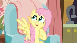 Size: 2160x1200 | Tagged: safe, imported from derpibooru, screencap, fluttershy, pegasus, pony, discordant harmony, chair, curtains, happy, kitchen, kitchen sink, living room, plant, sink, sitting, solo, spread wings, thinking, thoughtful, wings