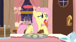 Size: 2159x1209 | Tagged: safe, imported from derpibooru, screencap, fluttershy, pegasus, pony, discordant harmony, cup, curtains, derp, door, female, folded wings, food, goofy, mare, open mouth, plate spinning, sandwich, silly, silly face, silly pony, solo, table, teacup, tongue out, window, windowsill, wings