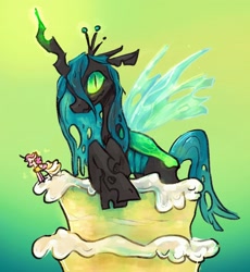 Size: 1882x2048 | Tagged: safe, artist:sealdeer, imported from derpibooru, queen chrysalis, changeling, changeling queen, cake, food, solo