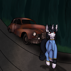 Size: 2048x2048 | Tagged: safe, artist:v-nuz, imported from derpibooru, oc, oc only, oc:rose charm, pony, unicorn, fallout equestria, car, clothes, fallout equestria: falling ashes, highway, jumpsuit, vault suit, vehicle
