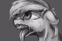 Size: 2500x1668 | Tagged: safe, artist:minckies, imported from derpibooru, oc, oc only, earth pony, pony, abomination, bust, creepy, earth pony oc, grayscale, monochrome, signature, solo, tongue out