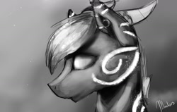 Size: 1421x905 | Tagged: safe, artist:minckies, imported from derpibooru, oc, oc only, pony, grayscale, monochrome, signature, solo