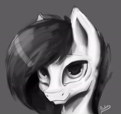 Size: 2526x2374 | Tagged: safe, artist:minckies, imported from derpibooru, oc, oc only, earth pony, pony, bust, earth pony oc, female, grayscale, mare, monochrome, signature, smiling, solo