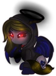 Size: 814x1102 | Tagged: safe, artist:angellightyt, imported from derpibooru, oc, oc only, oc:angel light, pegasus, pony, base used, black sclera, choker, clothes, eyelashes, glowing, glowing eyes, halo, hoodie, nightmarified, pegasus oc, simple background, solo, transparent background, wings