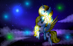 Size: 5000x3194 | Tagged: safe, artist:angellightyt, imported from derpibooru, oc, oc only, oc:angel light, alicorn, pegasus, pony, alicorn oc, colored wings, duo, horn, night, pegasus oc, ponies riding ponies, riding, stars, two toned wings, wings