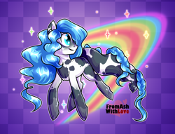 Size: 1696x1299 | Tagged: safe, artist:loverashley, imported from derpibooru, oc, earth pony, pony, abstract background, earth pony oc, looking back, male, rainbow, smiling, solo, stallion