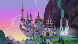 Size: 1280x720 | Tagged: safe, imported from derpibooru, the crystal empire, the ending of the end, the summer sun setback, canterlot, canterlot castle, castle, dusk, evening, g4, no pony, sunset, water, waterfall