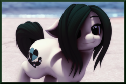 Size: 2060x1366 | Tagged: safe, imported from twibooru, oc, oc:myrtle remedy, earth pony, pony, 3d, beach, dark green mane, dark green tail, female, happy, image, looking at you, mare, not maya (ongezellig), one eye covered, open pony, png, pony oc, white coat