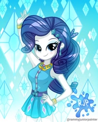 Size: 1080x1335 | Tagged: safe, artist:rjp.rammy, imported from derpibooru, rarity, human, equestria girls, equestria girls series, armpits, bare shoulders, bracelet, breasts, busty rarity, clothes, cutie mark, cutie mark on clothes, female, hairpin, hand on hip, jewelry, looking at you, ponytail, rarity peplum dress, reasonably sized breasts, signature, sleeveless, smiling, smiling at you, solo