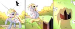 Size: 1280x509 | Tagged: safe, artist:kidaoriginal, imported from derpibooru, derpy hooves, pegasus, pony, comic:derpy - the creator of dreams, comic, crown, crying, flower, grass, hitting, jewelry, regalia, shadow, sitting, smack, tears of pain, teary eyes