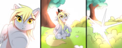 Size: 1280x509 | Tagged: safe, artist:kidaoriginal, imported from derpibooru, derpy hooves, pegasus, pony, comic:derpy - the creator of dreams, comic, crown, flower, grass, happy, jewelry, looking at something, looking down, magic, open mouth, open smile, reaching, regalia, sitting, smiling, teleportation, tree, underhoof, vibe check